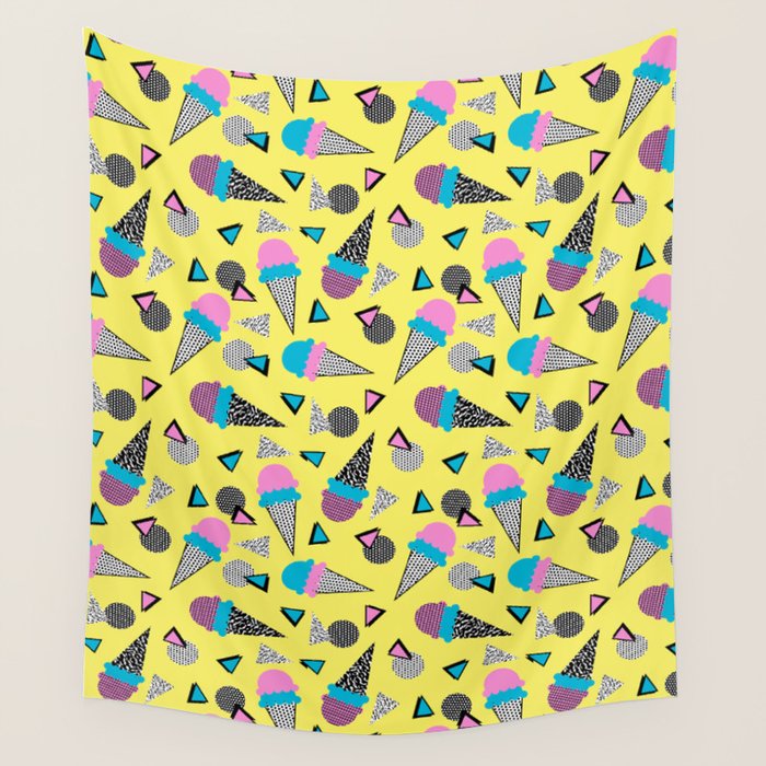 Cruncher - memphis throwback ice cream cone desert 1980s 80s style retro geometric neon pop art Wall Tapestry Gallery Image 1