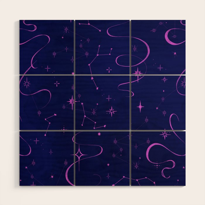 Pink and dark blue mystical starry night Wood Wall Art Gallery Image 1