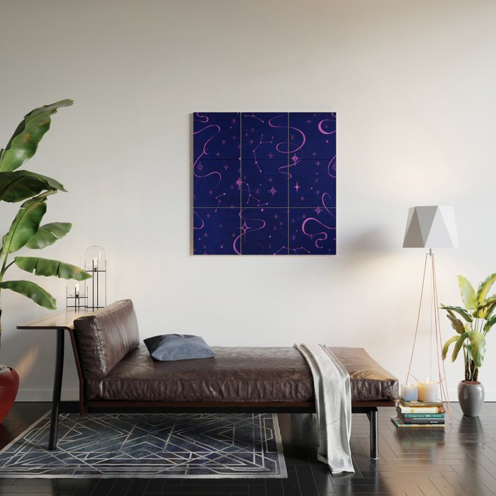 Pink and dark blue mystical starry night Wood Wall Art Gallery Image 2