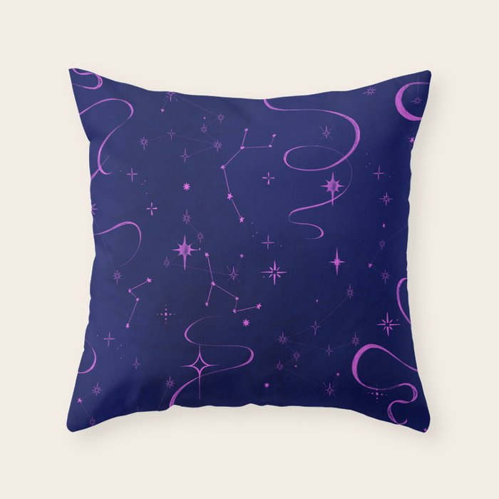 Pink and dark blue mystical starry night Throw Pillow Gallery Image 1