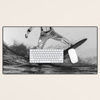 Space Surfer - Black And White - Futuristic Surf Photo Art Print - Astronaut Riding a Wave Desk Mat Gallery Image 1