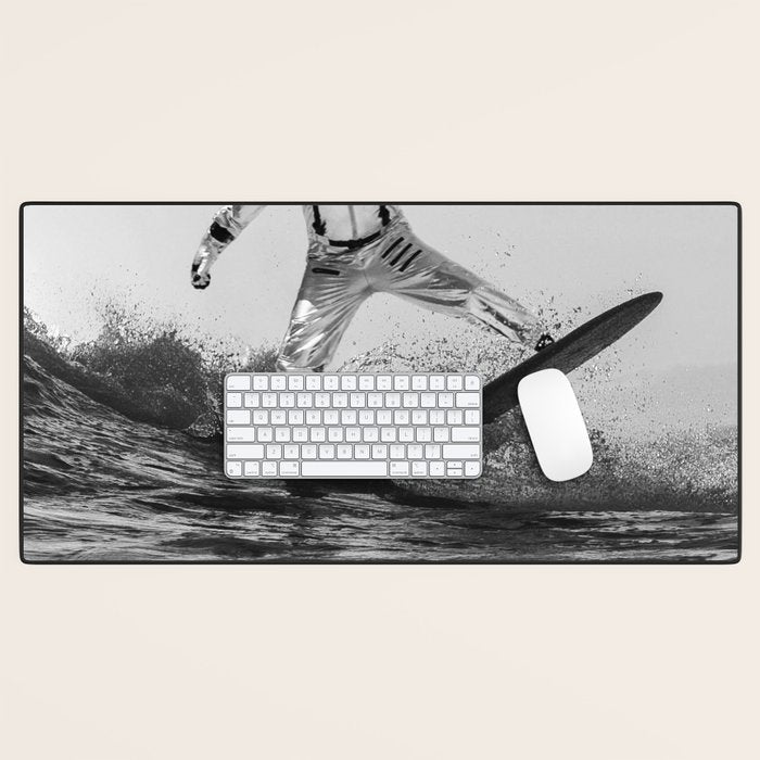 Space Surfer - Black And White - Futuristic Surf Photo Art Print - Astronaut Riding a Wave Desk Mat Gallery Image 1