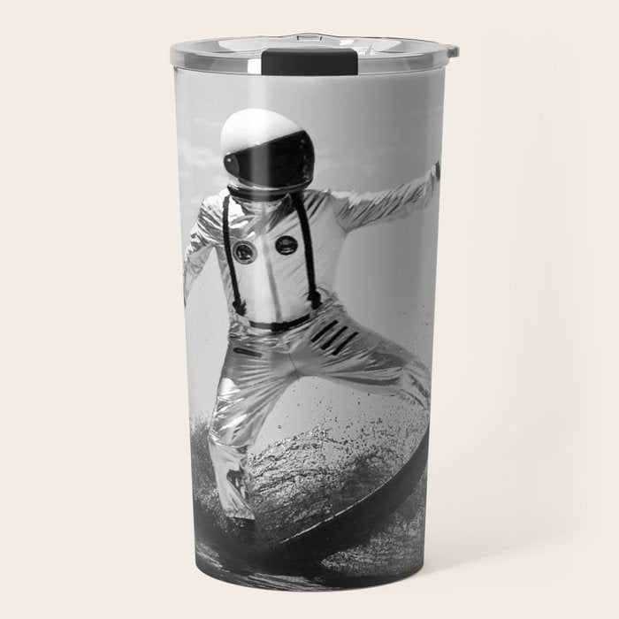 Space Surfer - Black And White - Futuristic Surf Photo Art Print - Astronaut Riding a Wave Travel Mug Gallery Image 1