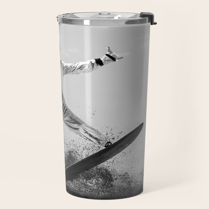 Space Surfer - Black And White - Futuristic Surf Photo Art Print - Astronaut Riding a Wave Travel Mug Gallery Image 2