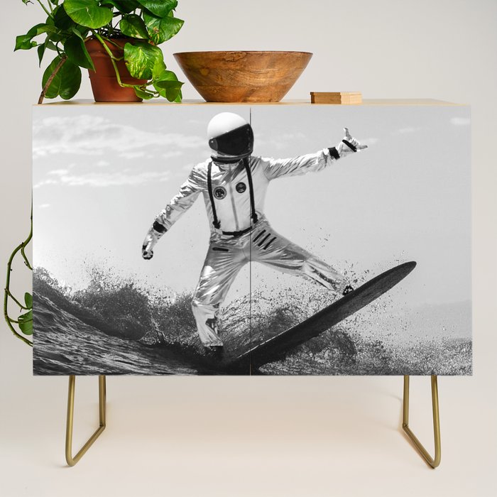 Space Surfer - Black And White - Futuristic Surf Photo Art Print - Astronaut Riding a Wave Credenza Gallery Image 1