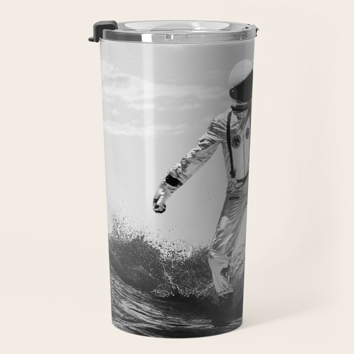 Space Surfer - Black And White - Futuristic Surf Photo Art Print - Astronaut Riding a Wave Travel Mug Gallery Image 3