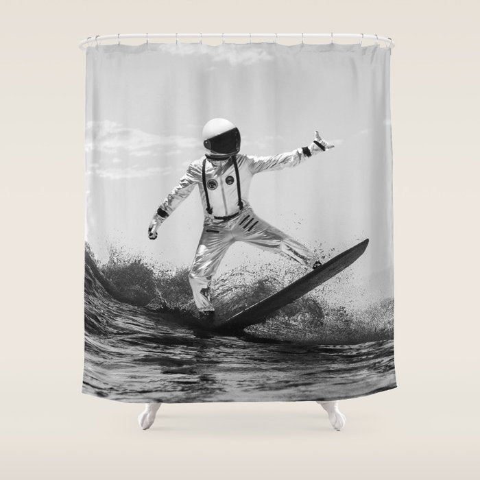 Space Surfer - Black And White - Futuristic Surf Photo Art Print - Astronaut Riding a Wave Shower Curtain Gallery Image 1