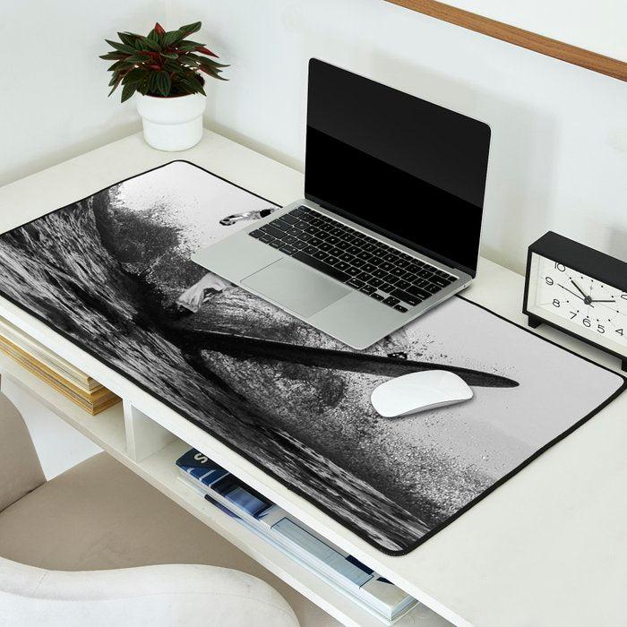 Space Surfer - Black And White - Futuristic Surf Photo Art Print - Astronaut Riding a Wave Desk Mat Gallery Image 2