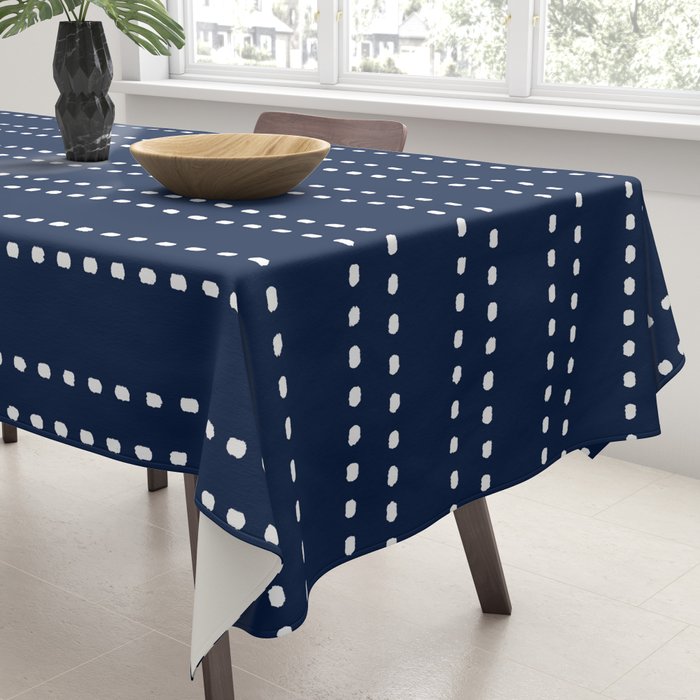 Zoe Painted Dot Striped Pattern in Nautical Navy Blue and White Tablecloth Gallery Image 3
