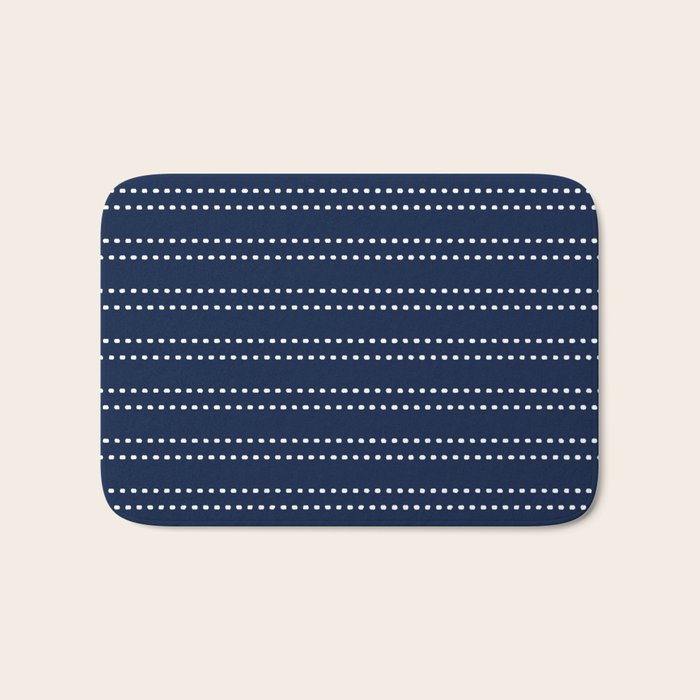 Zoe Painted Dot Striped Pattern in Nautical Navy Blue and White Bath Mat Gallery Image 1