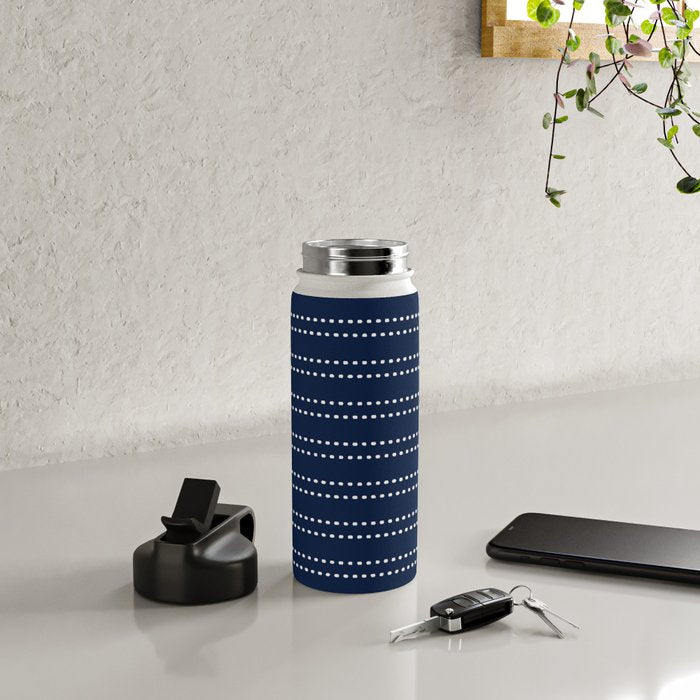 Zoe Painted Dot Striped Pattern in Nautical Navy Blue and White Water Bottle Gallery Image 4