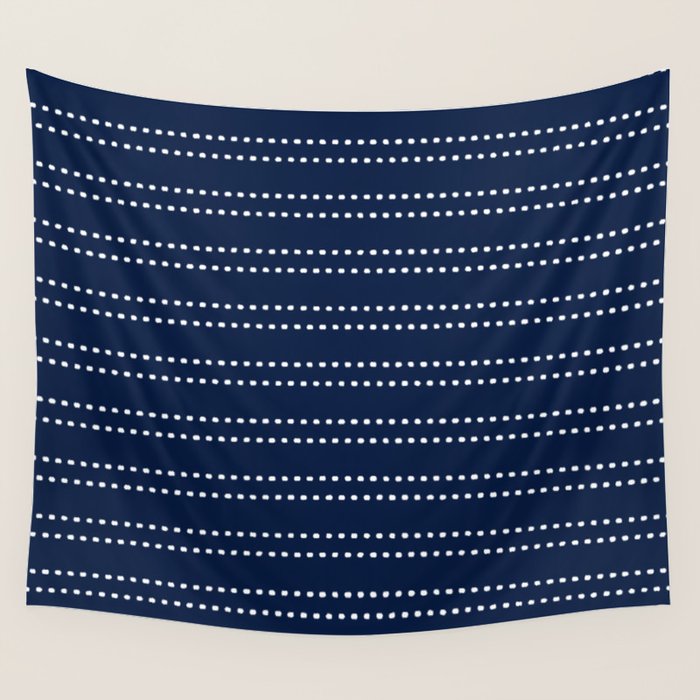 Zoe Painted Dot Striped Pattern in Nautical Navy Blue and White Wall Tapestry Gallery Image 4