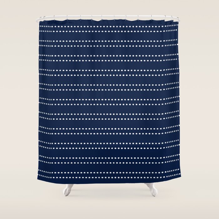 Zoe Painted Dot Striped Pattern in Nautical Navy Blue and White Shower Curtain Gallery Image 1