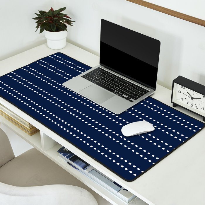 Zoe Painted Dot Striped Pattern in Nautical Navy Blue and White Desk Mat Gallery Image 2