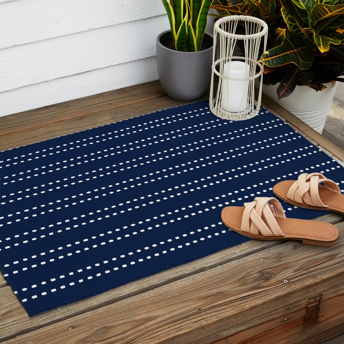 Zoe Painted Dot Striped Pattern in Nautical Navy Blue and White Outdoor Rug Gallery Image 2