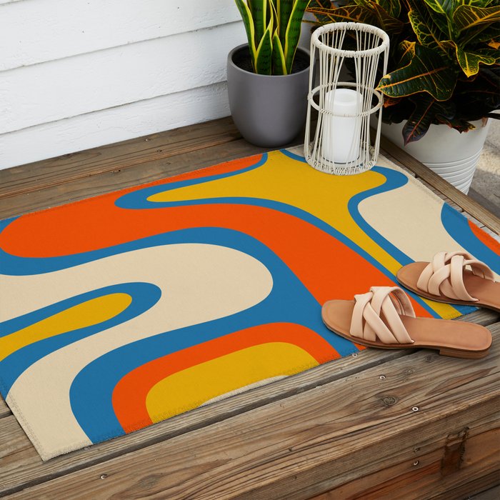 Mid Century Modern Copacetic Abstract Retro Orange Mustard Yellow Blue Outdoor Rug Gallery Image 2