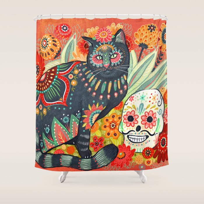 Dia De Los Muertos Cat Shower Curtain Gallery Image 1
