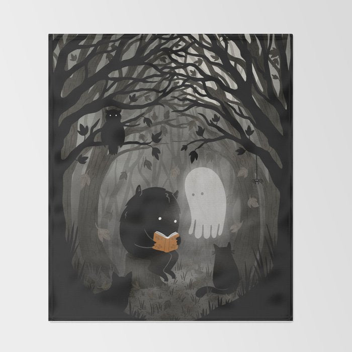 A Quiet Spooky Spot (Book Reading Monster) Throw Blanket Gallery Image 2