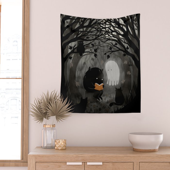 A Quiet Spooky Spot (Book Reading Monster) Wall Tapestry Gallery Image 2