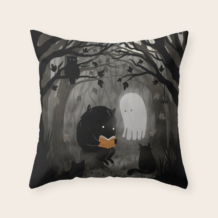 A Quiet Spooky Spot (Book Reading Monster) Throw Pillow Gallery Image 6