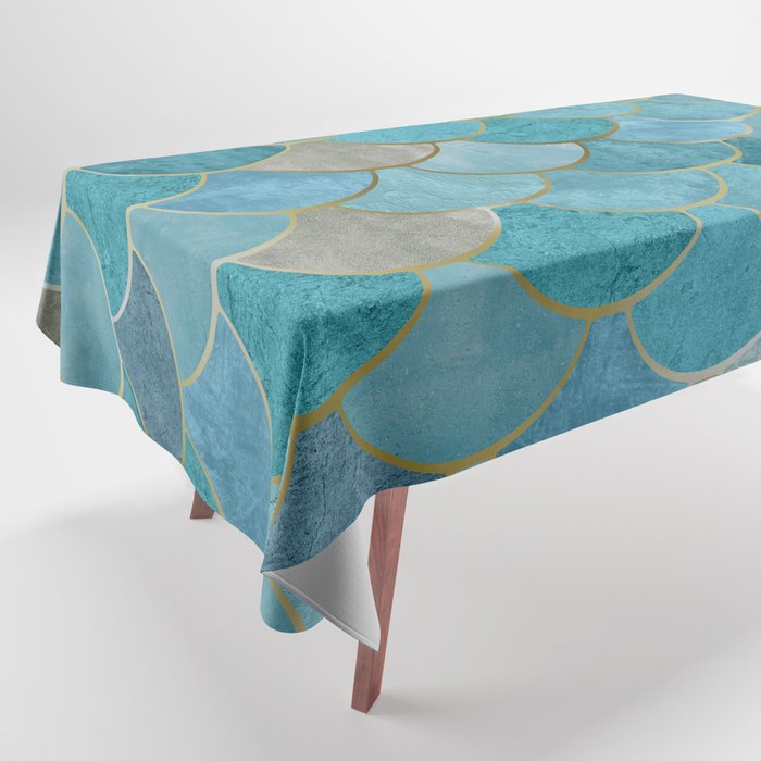 Moroccan Fish Scale Mermaid Pattern, Teal Blue and Gold Tablecloth Gallery Image 1