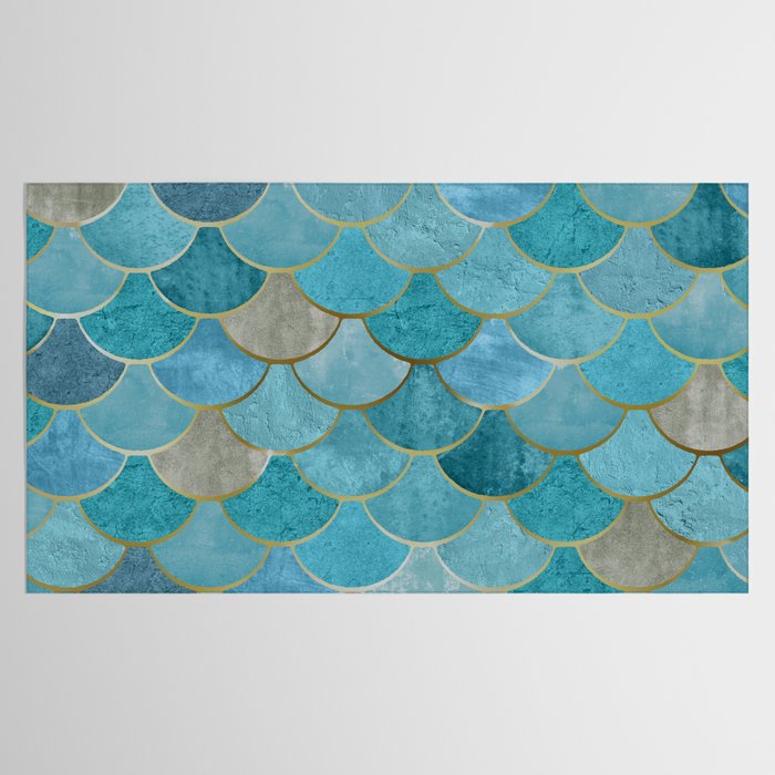 Moroccan Fish Scale Mermaid Pattern, Teal Blue and Gold Tablecloth Gallery Image 2