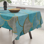 Moroccan Fish Scale Mermaid Pattern, Teal Blue and Gold Tablecloth Gallery Image 3