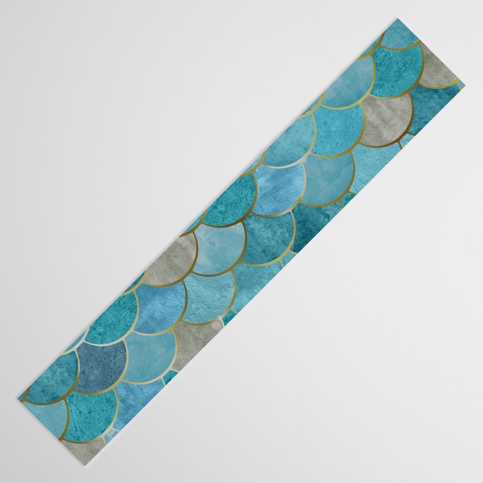 Moroccan Fish Scale Mermaid Pattern, Teal Blue and Gold Table Runner Gallery Image 3