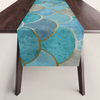Moroccan Fish Scale Mermaid Pattern, Teal Blue and Gold Table Runner Gallery Image 1