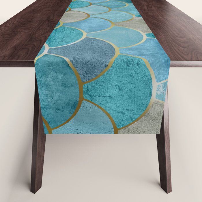 Moroccan Fish Scale Mermaid Pattern, Teal Blue and Gold Table Runner Gallery Image 1
