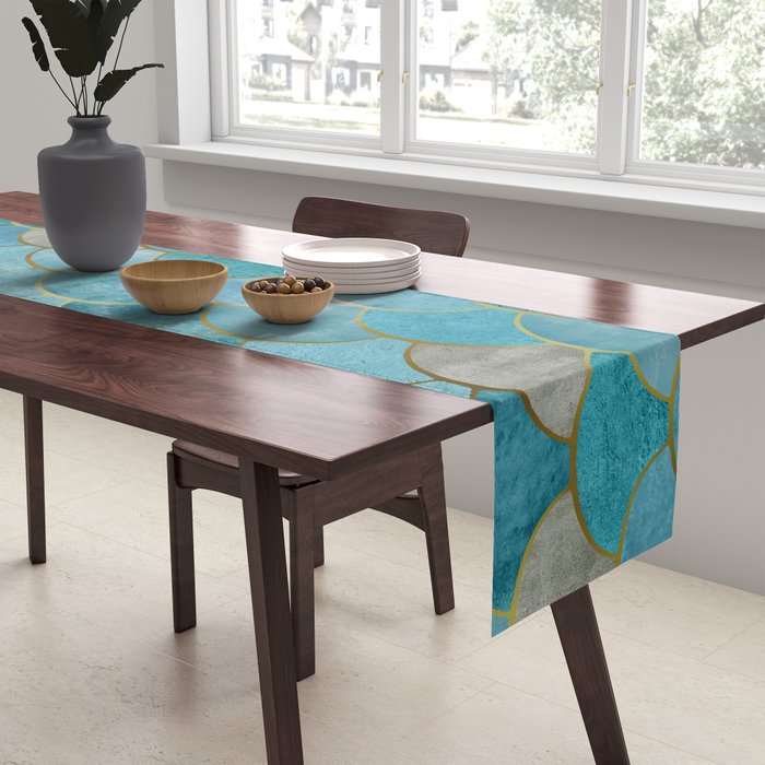 Moroccan Fish Scale Mermaid Pattern, Teal Blue and Gold Table Runner Gallery Image 2