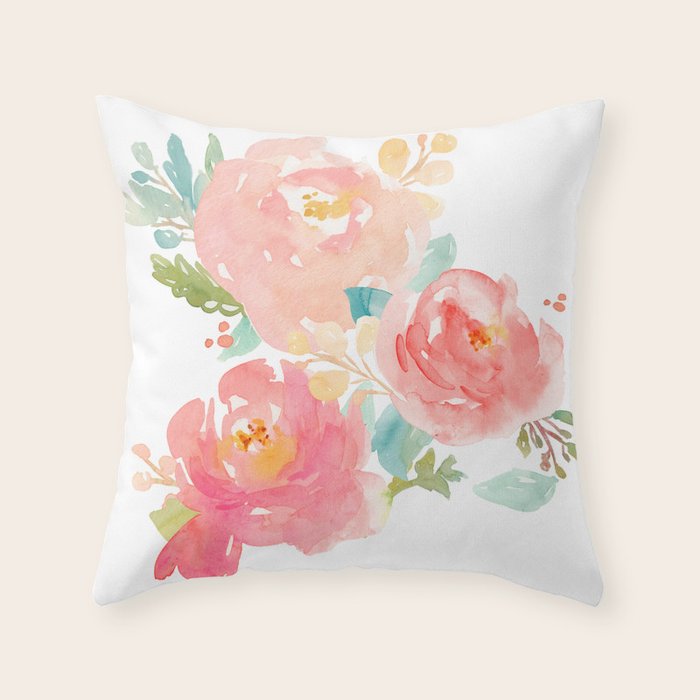 Watercolor Peonies Summer Bouquet Throw Pillow Gallery Image 1
