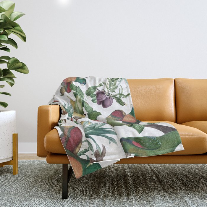 Tropical Vintage Floral and Fauna Throw Blanket Gallery Image 1