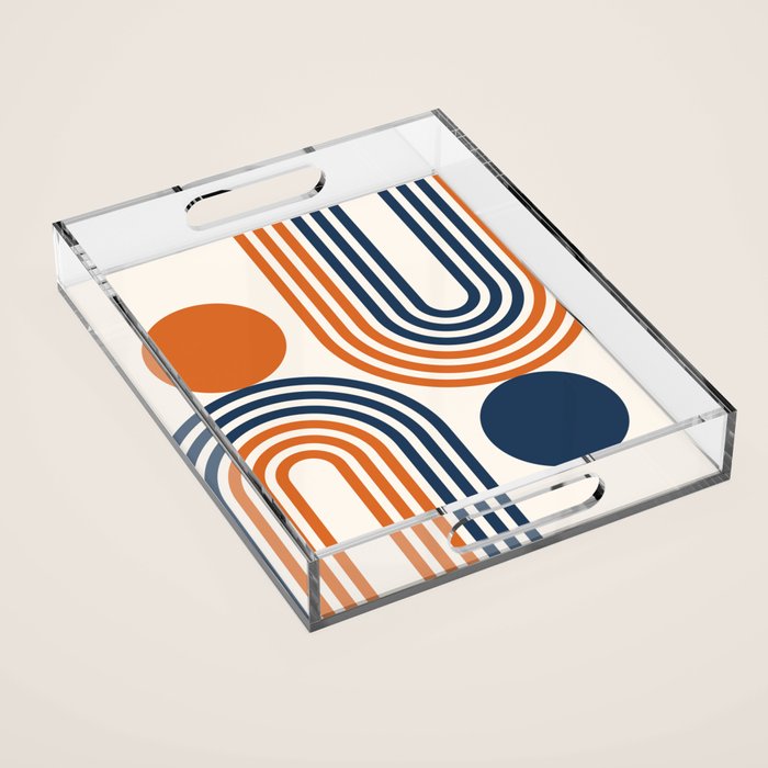 Mid Century Modern Geometric 450 in Navy Blue and Orange (Rainbow and Sun Abstraction) Acrylic Tray Gallery Image 1