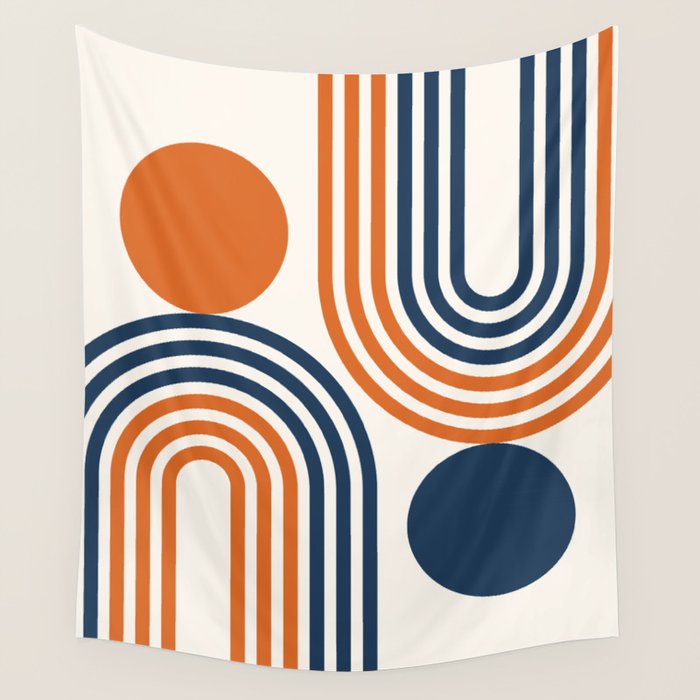 Mid Century Modern Geometric 450 in Navy Blue and Orange (Rainbow and Sun Abstraction) Wall Tapestry Gallery Image 1