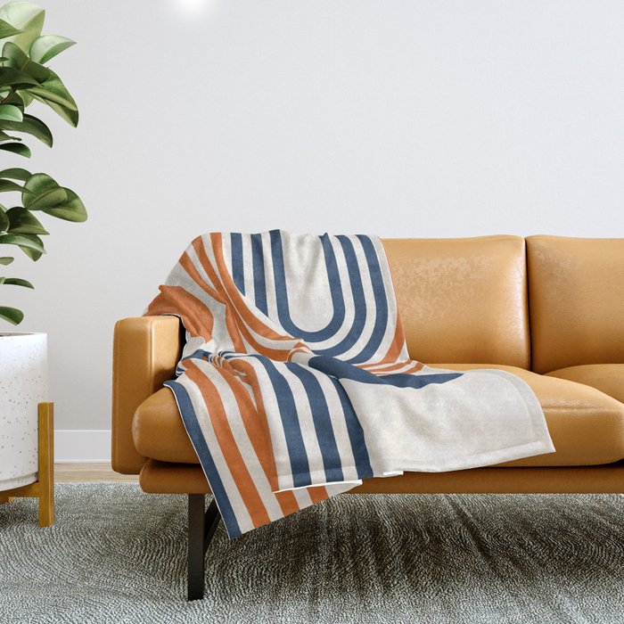 Mid Century Modern Geometric 450 in Navy Blue and Orange (Rainbow and Sun Abstraction) Throw Blanket Gallery Image 1