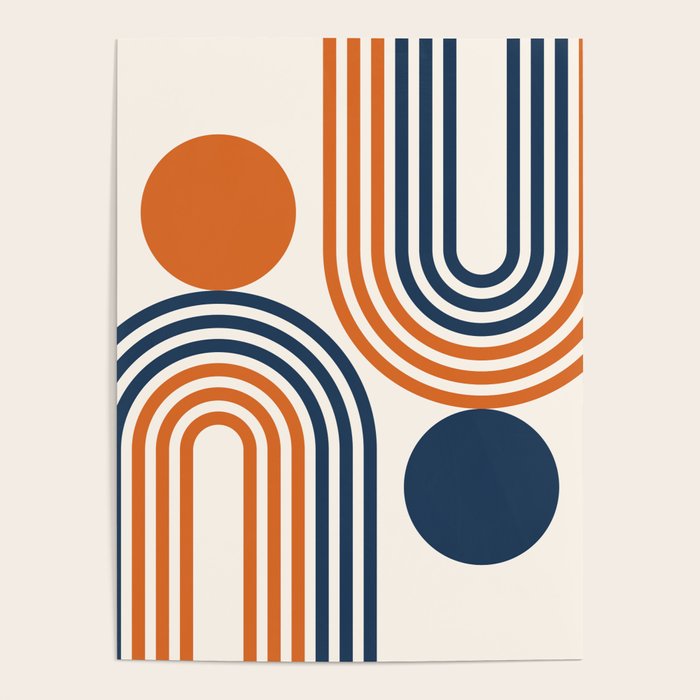 Mid Century Modern Geometric 450 in Navy Blue and Orange (Rainbow and Sun Abstraction) Poster Gallery Image 1