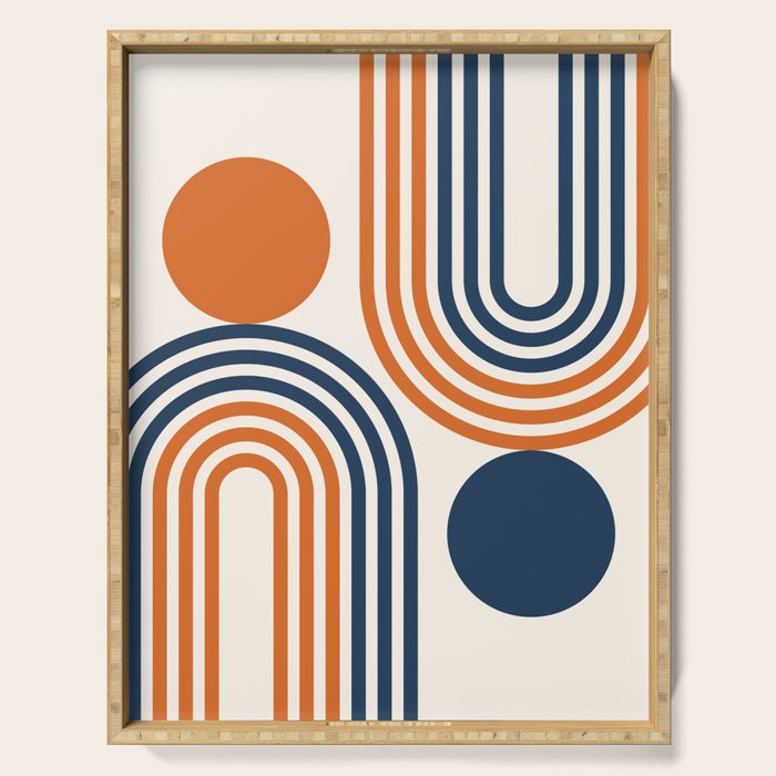 Mid Century Modern Geometric 450 in Navy Blue and Orange (Rainbow and Sun Abstraction) Serving Tray Gallery Image 1