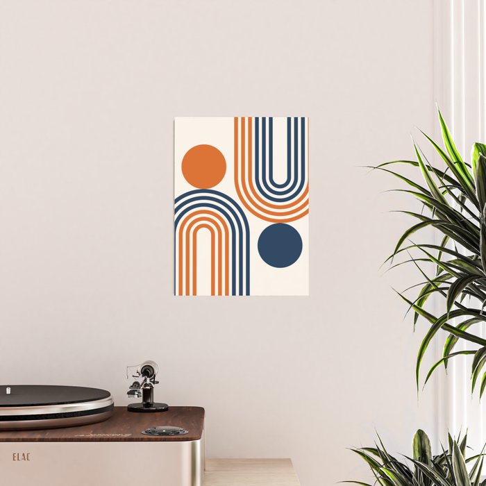 Mid Century Modern Geometric 450 in Navy Blue and Orange (Rainbow and Sun Abstraction) Poster Gallery Image 2