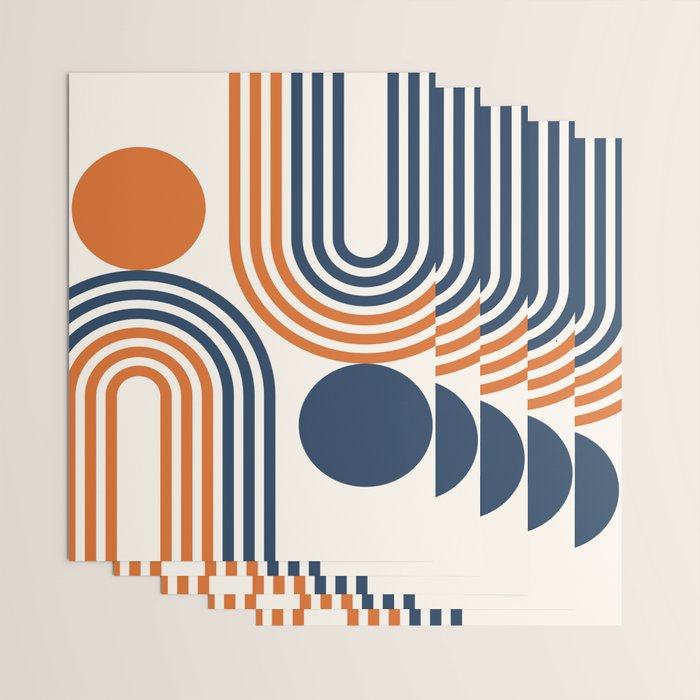 Mid Century Modern Geometric 450 in Navy Blue and Orange (Rainbow and Sun Abstraction) Wrapping Paper Gallery Image 3