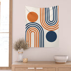 Mid Century Modern Geometric 450 in Navy Blue and Orange (Rainbow and Sun Abstraction) Wall Tapestry Gallery Image 2
