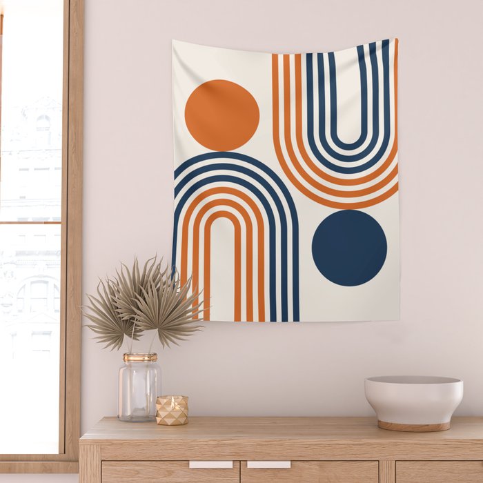 Mid Century Modern Geometric 450 in Navy Blue and Orange (Rainbow and Sun Abstraction) Wall Tapestry Gallery Image 2