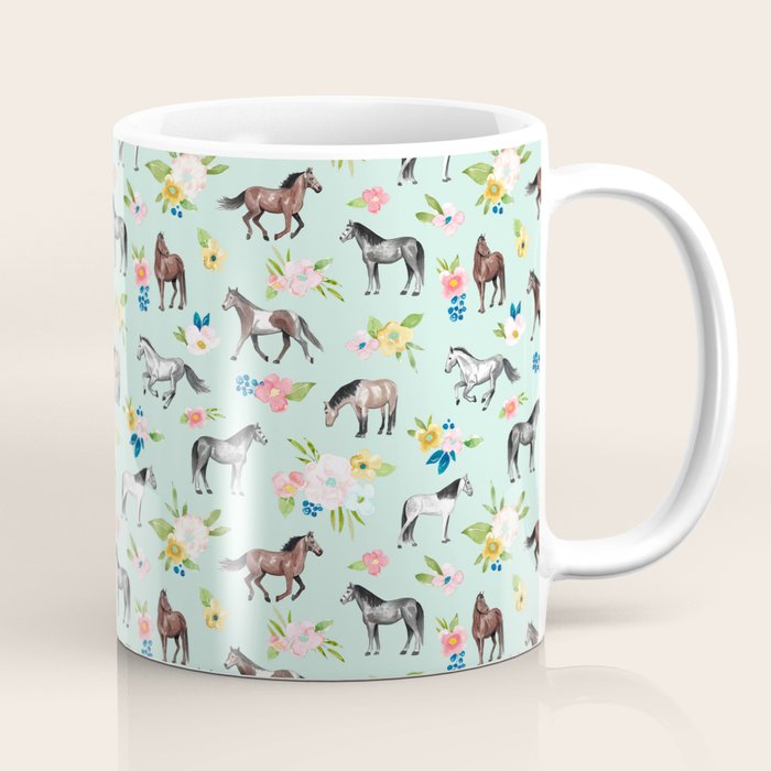 Horses and Flowers, Mint Blue, Watercolor Floral, Equestrian Decor, Horse Art Coffee Mug Gallery Image 1