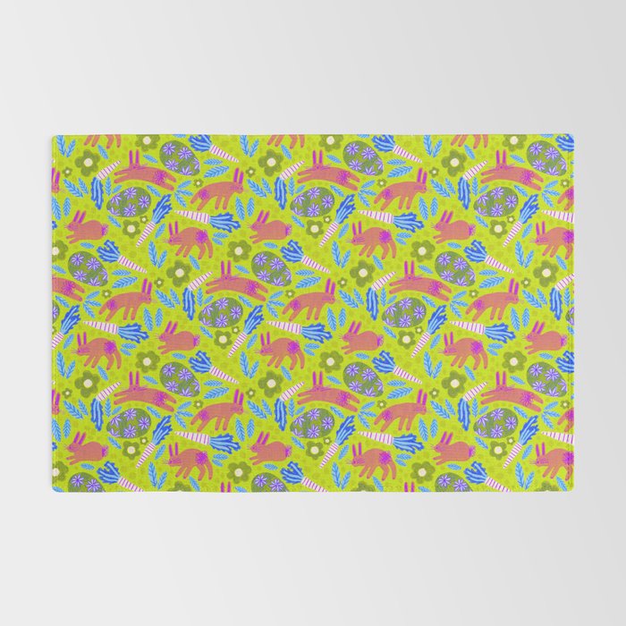 Happy Colorful Rabbits & Decorative Eggs in Chartreuse & Pink Rug Gallery Image 2