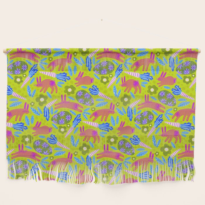 Happy Colorful Rabbits & Decorative Eggs in Chartreuse & Pink Wall Hanging Gallery Image 1