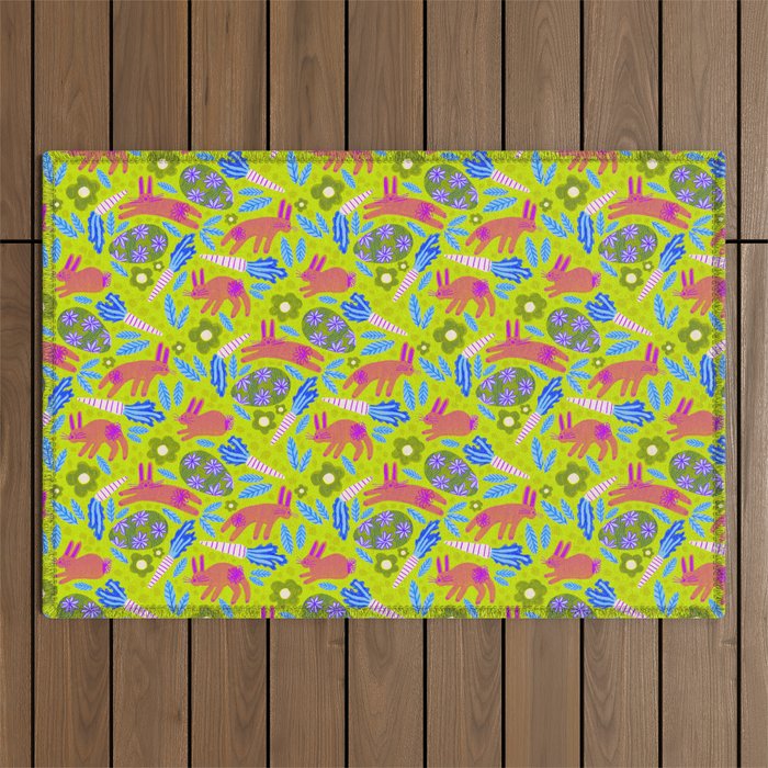 Happy Colorful Rabbits & Decorative Eggs in Chartreuse & Pink Outdoor Rug Gallery Image 1