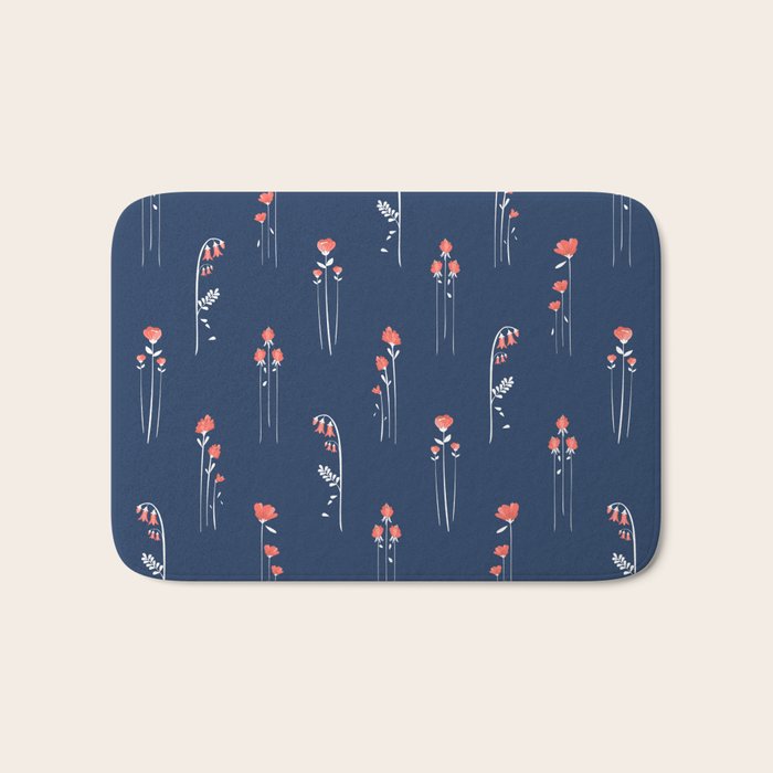 Retro Dark Flower Pattern in Modern Navy and Coral Bath Mat Gallery Image 1
