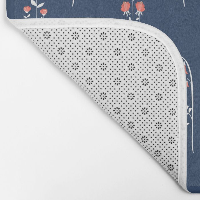 Retro Dark Flower Pattern in Modern Navy and Coral Bath Mat Gallery Image 2