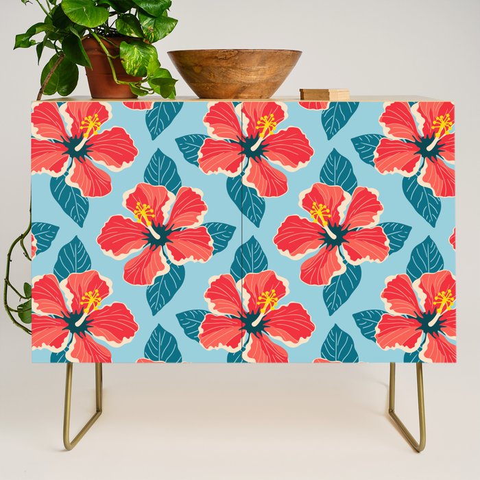 Tropical hibiscus summer flower art pattern Credenza Gallery Image 1