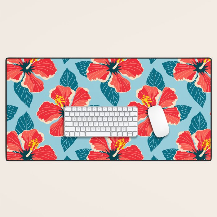 Tropical hibiscus summer flower art pattern Desk Mat Gallery Image 1